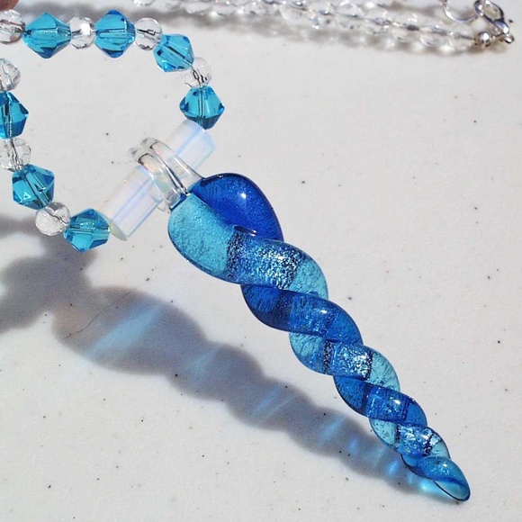 LAMPWORK GLASS ICICLE SPIRAL NECKLACE, 20 INCHES LONG, WITH FAUX SEA OPAL TUBES - Picture 2 of 2